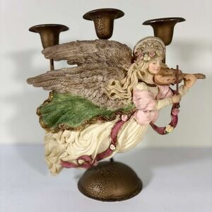 Sculpted Resin Heavenly Angel Candle Holder w/Violin 3 Candle Metal Candelabra